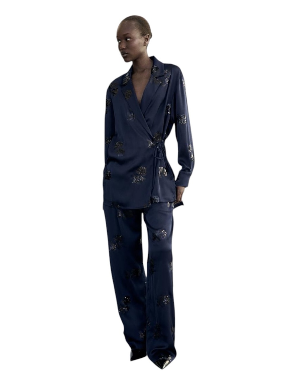 NWT Zara Kimono Blazer with Sequined Appliqué Adjusting Ties in Navy Blue size M